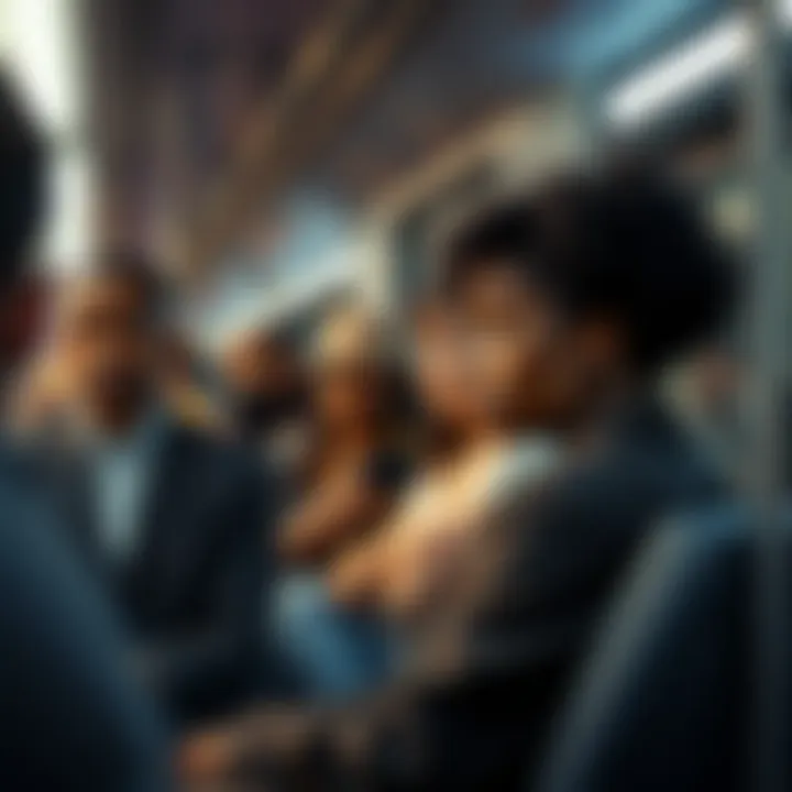 Safety Concerns for Black Women on Trains A worried black woman sitting on a train, looking out the window while people around her engage in conversation. Some individuals display symbols associated with extremist groups.