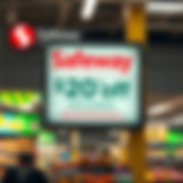 A Safeway store sign advertising $20 off groceries for people who receive a vaccination, with colorful graphics and clear text.