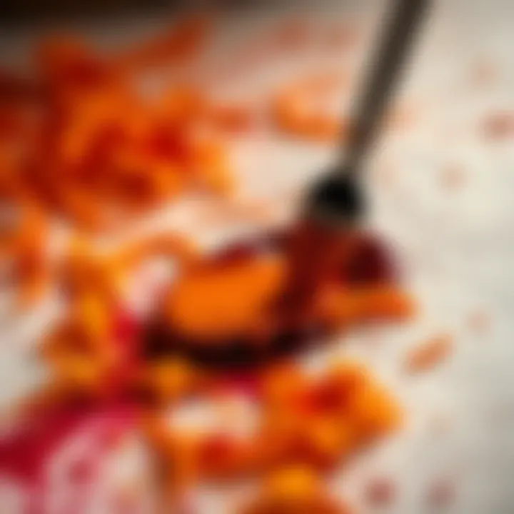 Saffron Ink in Rituals A close-up of saffron ink being used on parchment during a ritual, showcasing its vibrant color and texture.