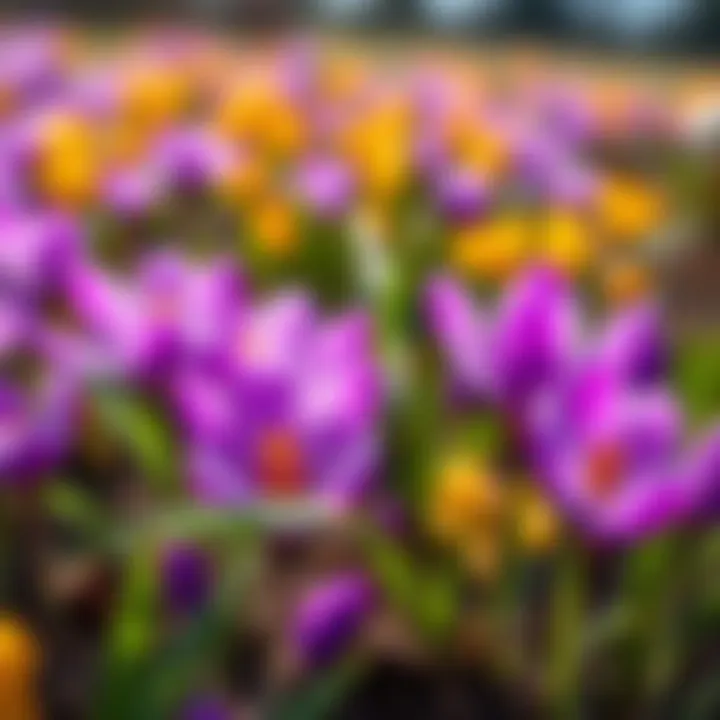 Bright saffron crocus flowers with vivid purple petals and orange-red stigmas on display in a field.