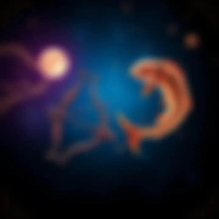 A representation of Sagittarius and Pisces moon signs with stars and celestial symbols