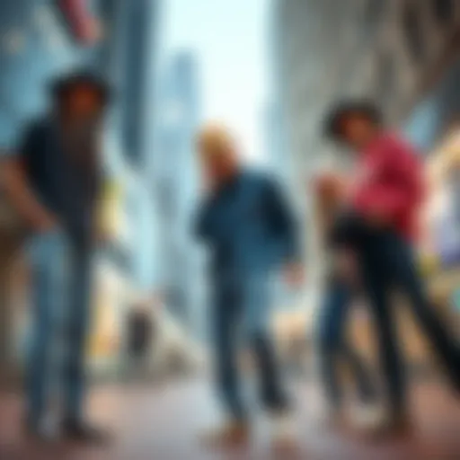 A group of young individuals wearing sagging jeans and trendy hats, showcasing modern fashion styles in a city setting.