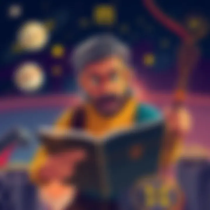 A vibrant illustration of a Sagittarian character embellishing a story with expressions of excitement, surrounded by symbols of Jupiter, books, and movie reels.