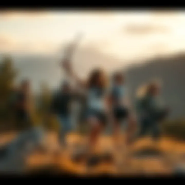 Group of Sagittarians traveling and exploring nature, enjoying a lively adventure away from home, representing their choice of lifestyle over family life.