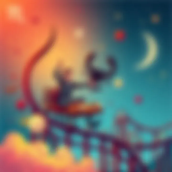 A colorful illustration representing the emotional connection between Sagittarius and Scorpio, featuring symbols of both zodiac signs intertwined with a roller coaster to symbolize their relationship dynamics.