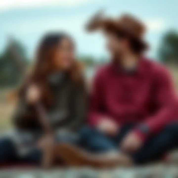 A Sagittarius and Taurus couple sitting together, smiling and engaged in a conversation, depicting their bond and communication.