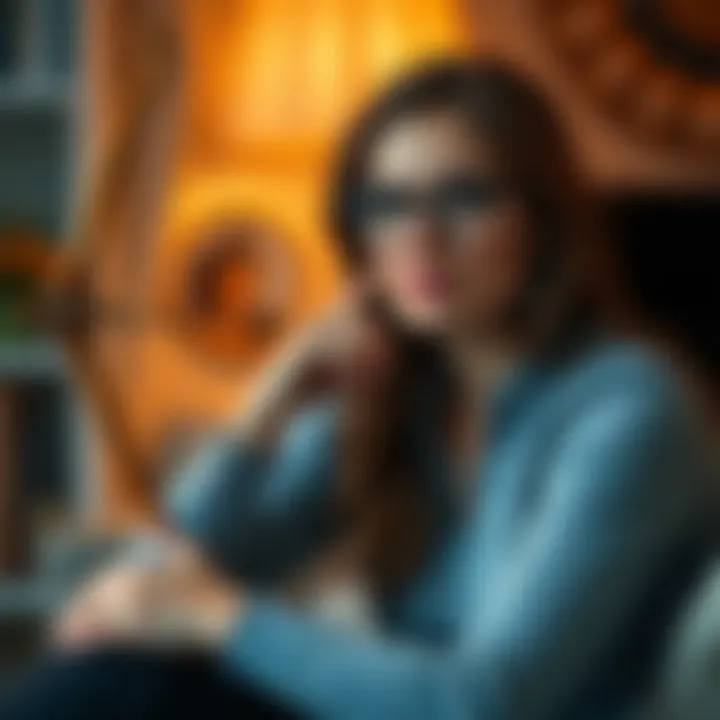 A Sagittarius woman sits thoughtfully, expressing her feelings about showing affection in a relationship, with a warm background indicating a cozy setting.