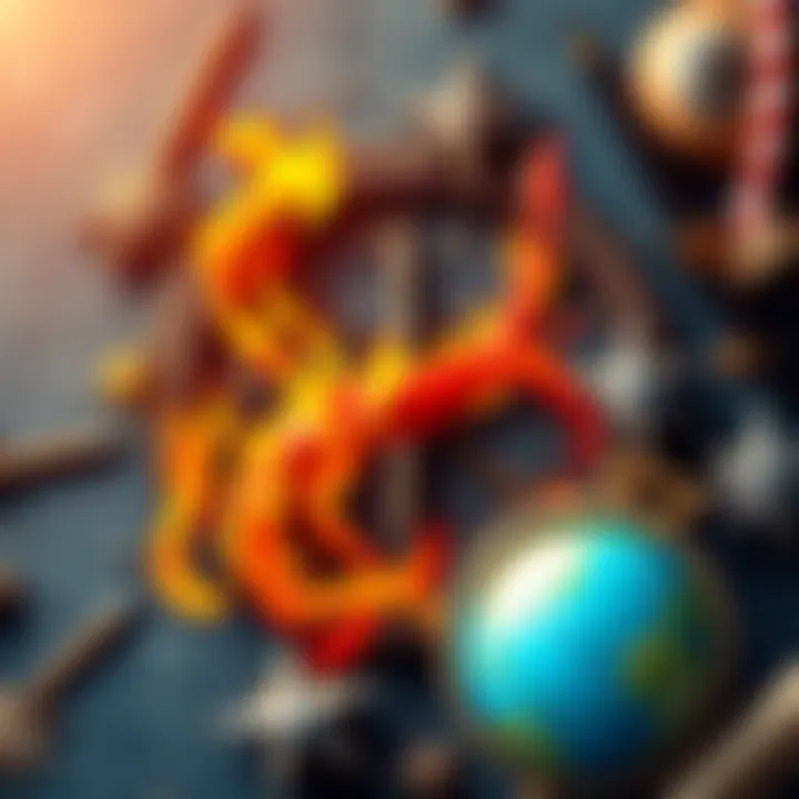 Sagittarius Symbol with Adventure Elements A fiery Sagittarius symbol surrounded by adventure-themed items like a compass, globe, and shooting stars, representing the adventurous spirit of Sagittarius individuals.