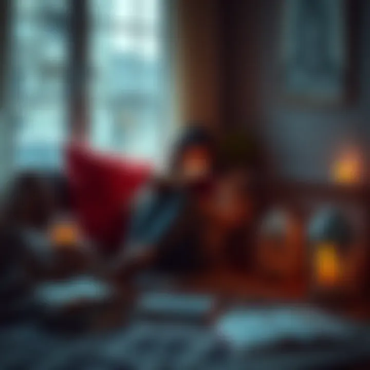 A Sagittarius person sitting peacefully alone in a cozy space, enjoying their solitude with a book and a cup of tea