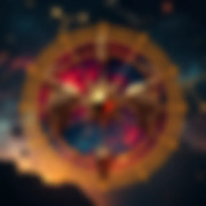 Astrological symbols representing Mercury, Pluto, and Pallas with Sagittarius constellation in the background