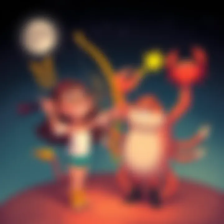 A playful illustration showing Sagittarius and Cancer signs interacting with both joyful and tense expressions, symbolizing their love-hate relationship.