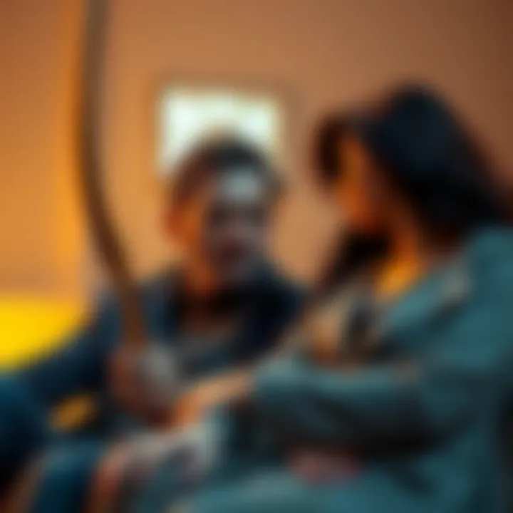 A Sagittarius man and a Cancer woman sitting together, engaged in a deep conversation, showing emotions of curiosity and affection.