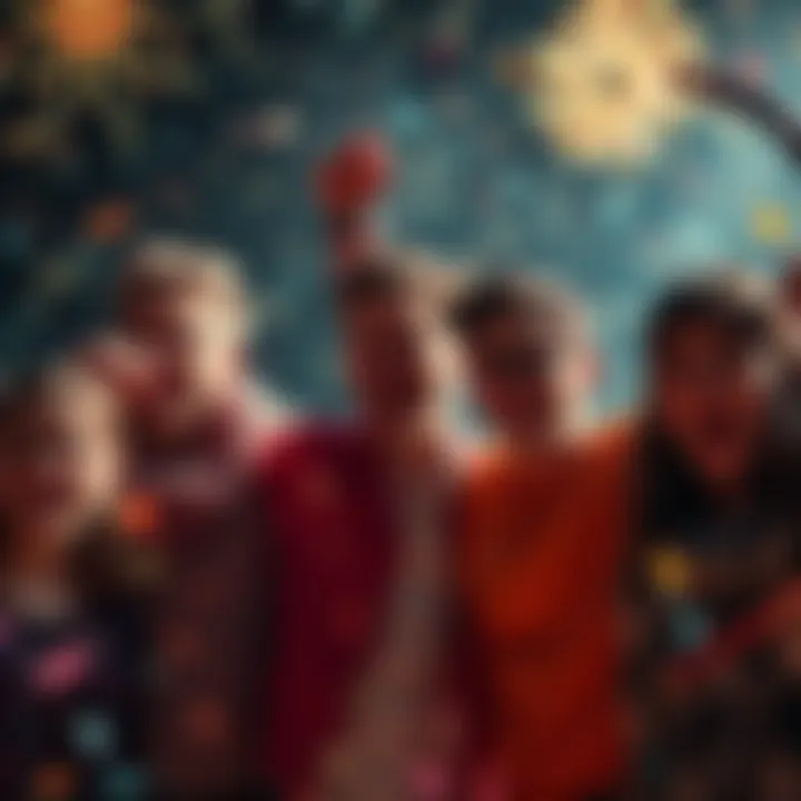 Four Sagittariuses Celebrating A group of four people with festive expressions, surrounded by confetti and sparkles, celebrating achievements together, with one person looking a bit discouraged in the background.
