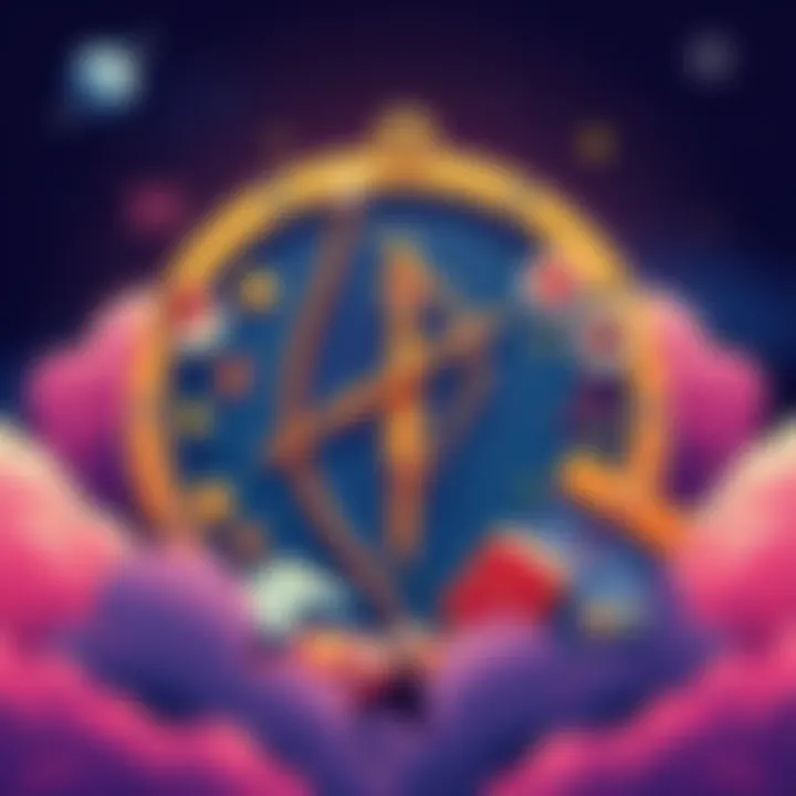 Sagittarius Symbol and Choices An illustration showing the Sagittarius symbol surrounded by various choices like food, job icons, and relationship symbols, highlighting the struggle with stubbornness in decision-making.