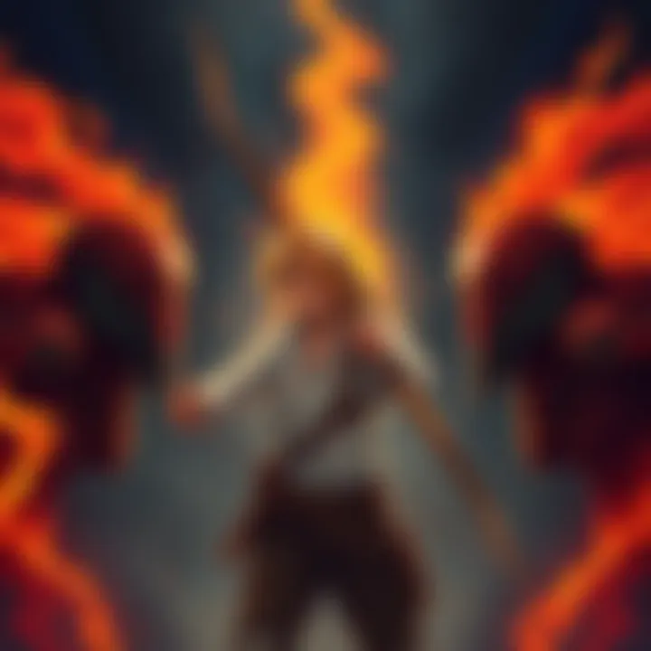 A fiery illustration showing a person with Sagittarius traits confidently facing two adversaries, symbolizing their assertive nature during conflict.