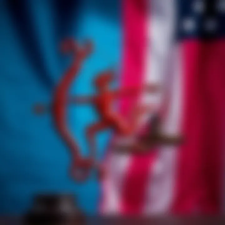 Sagittarius sign with traditional symbols A colorful representation of the Sagittarius zodiac sign alongside traditional conservative symbols like an American flag and a balancer, illustrating the contrast between Sagittarius traits and conservatism.