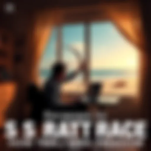 A person sitting at a desk with a laptop, looking out a window at a sunny beach, symbolizing a desire to escape the rat race for financial freedom.