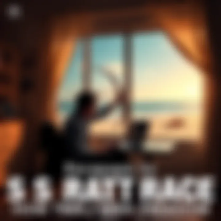 A person sitting at a desk with a laptop, looking out a window at a sunny beach, symbolizing a desire to escape the rat race for financial freedom.