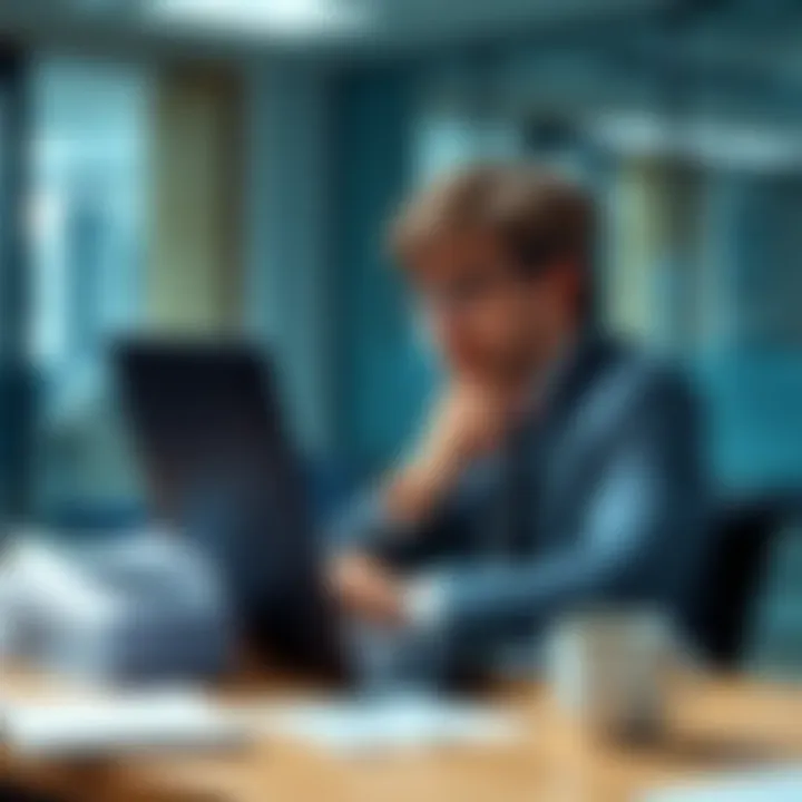 Sagittarius in Office Attire A Sagittarius employee looks thoughtfully at a laptop while sitting in a corporate office. A stack of papers and a coffee cup are on the desk, reflecting their struggle with work-life balance.