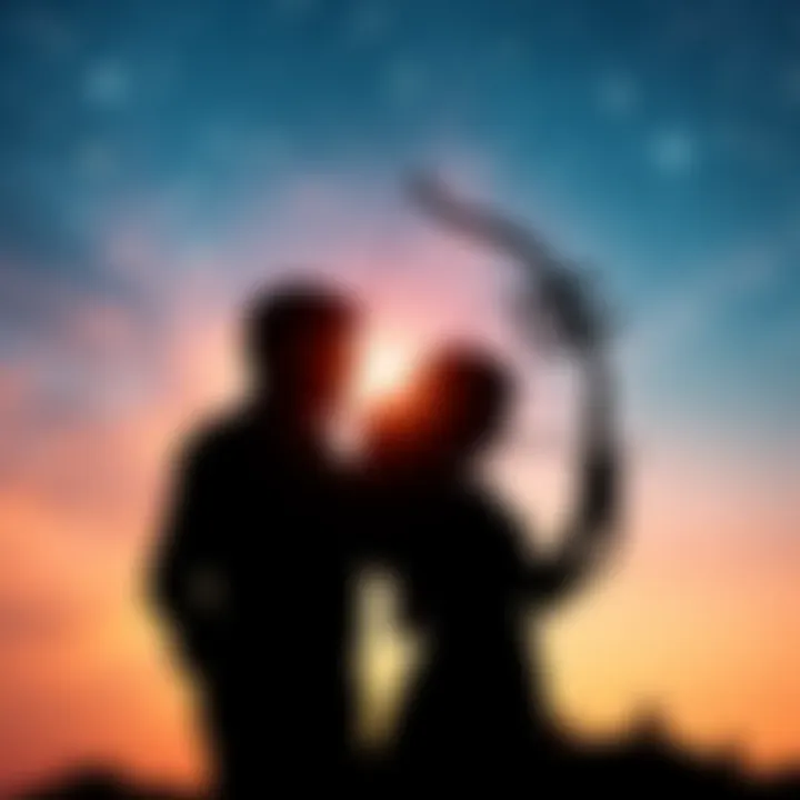 A silhouette of a couple embracing under a starry sky, with the Sagittarius symbol in the background, representing passion and endurance in relationships.