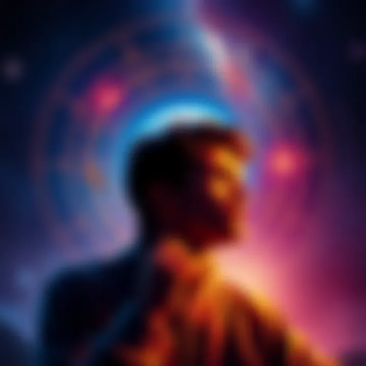 A person contemplating family ties with celestial symbols representing Sagittarius around them