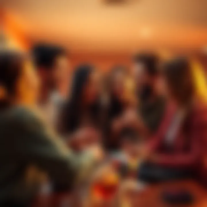 Sagittarius Flirting Style A group of friends laughing and talking, with one person playfully flirting. They are surrounded by a warm, lively atmosphere, showing an engaging conversation.