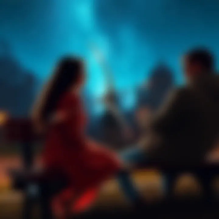 A Sagittarius girl and a Pisces man talking on a park bench under a starry sky, reflecting on their relationship dynamics.