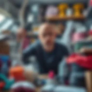 A Sagittarius person looking frustrated surrounded by clutter and household chores, balancing fitness gear and work items.