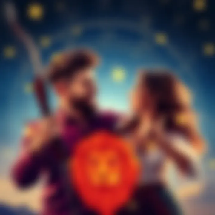 A Sagittarius male and Leo female sharing a joyful moment, surrounded by stars and zodiac symbols, representing their compatibility.