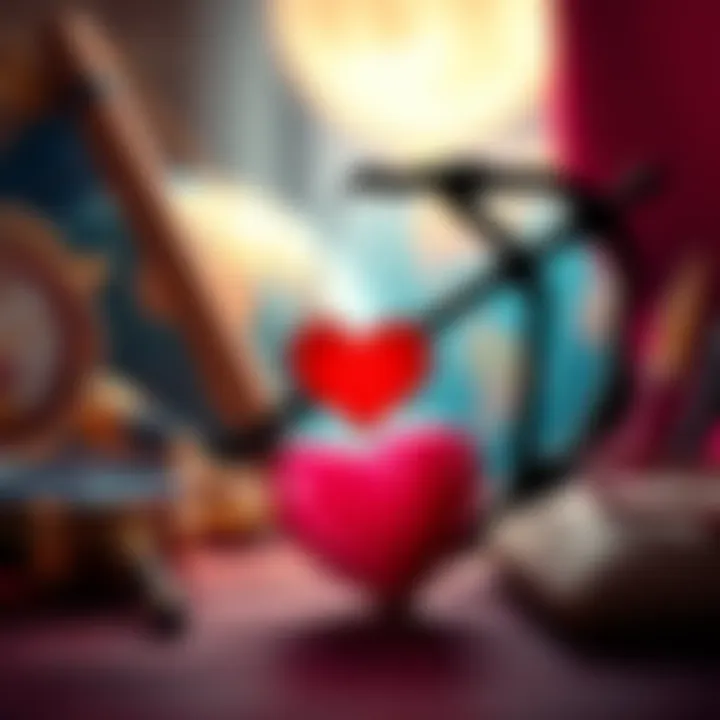 A cheerful Sagittarius symbol with a heart, set against a backdrop of adventure-themed items like a compass and a globe, representing a quest for love and excitement.