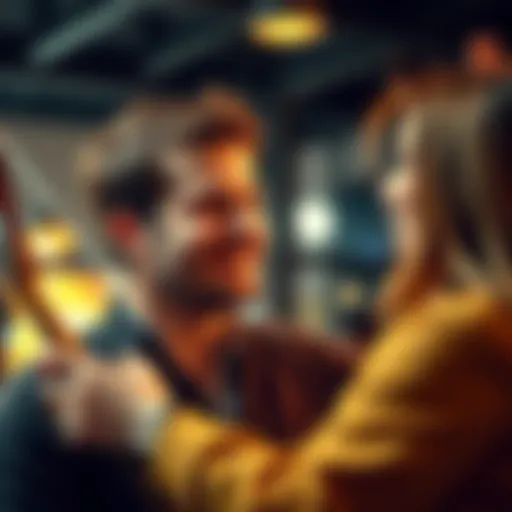 A Sagittarius man looking intrigued while talking to a woman, displaying open body language and a warm smile.