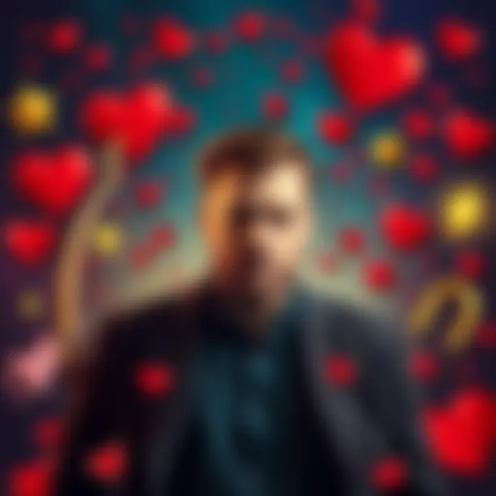 A Sagittarius man surrounded by symbols of love and attention, showing his charming personality and tendency to juggle multiple romantic interests.