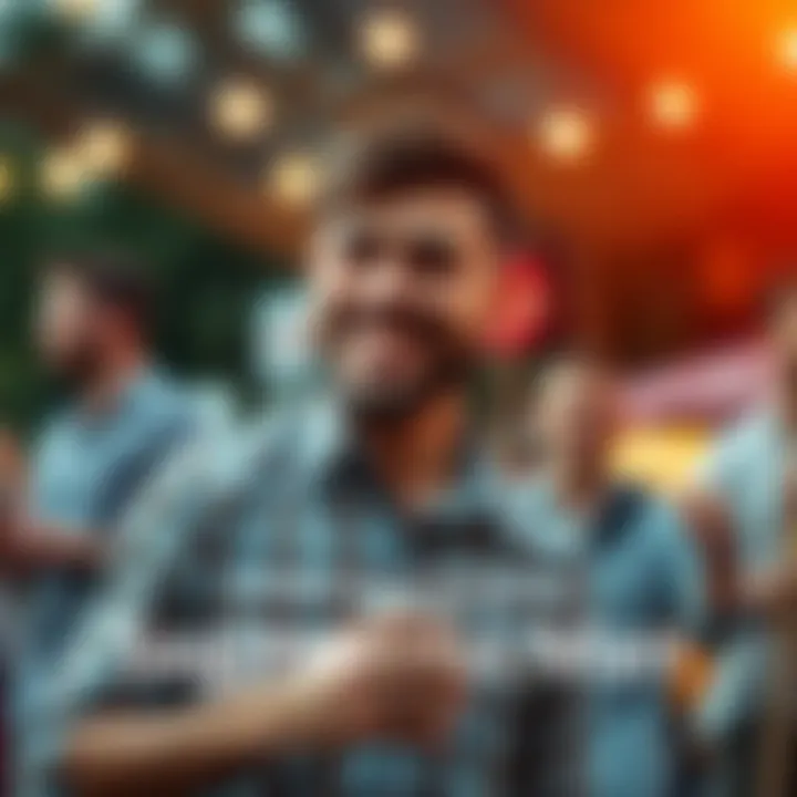 A Sagittarius man showing his adventurous side, smiling and engaging with friends at an outdoor gathering.