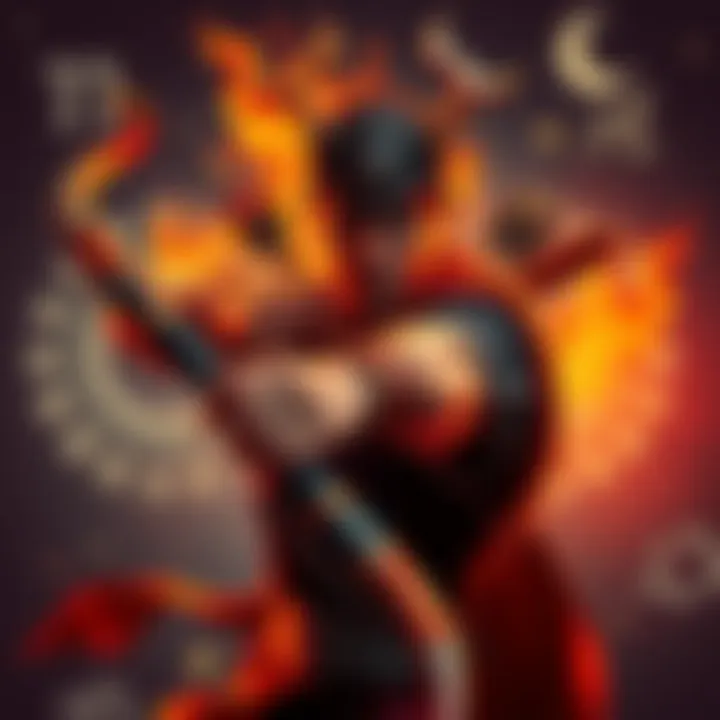 A fiery Sagittarius character holding a bow and arrow, ready to aim at a target symbolizing revenge