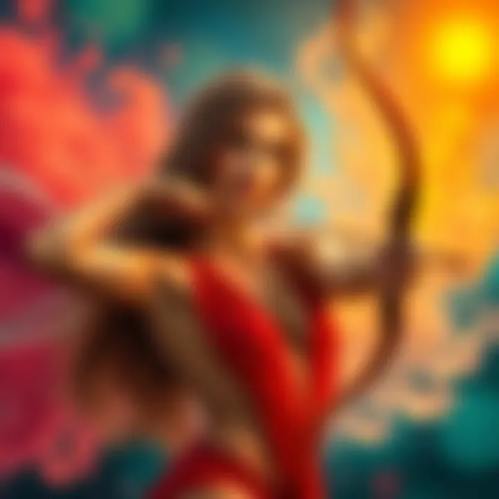 A confident Sagittarius woman expresses her sensuality while surrounded by vibrant colors, showcasing her desire for self-expression and freedom.