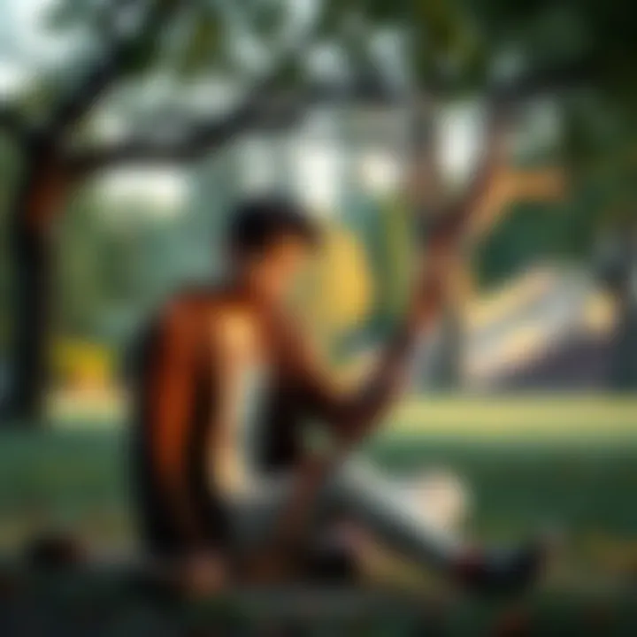 A Sagittarius person sitting alone in a serene park, reflecting on their feelings with a gentle expression, surrounded by nature.