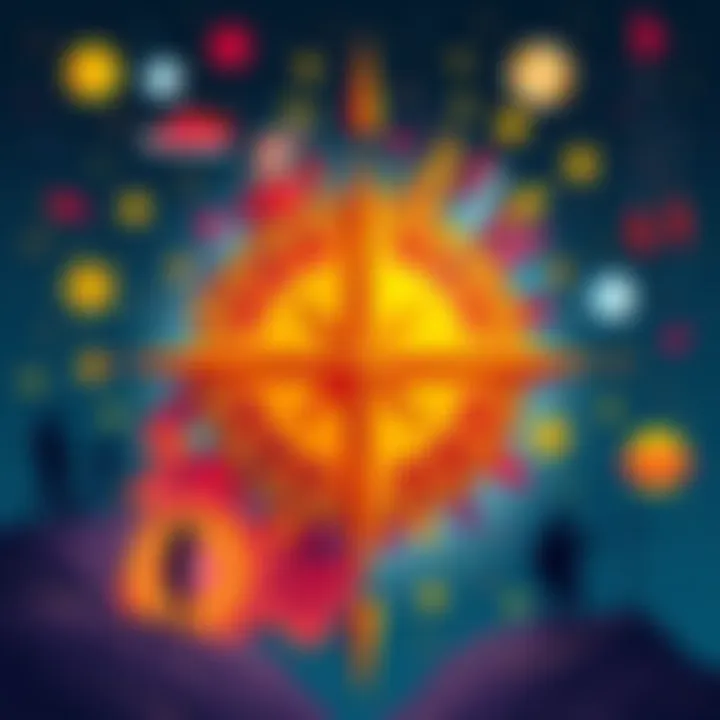 A bright Sagittarius star symbol surrounded by colorful illustrations representing different passions like music, travel, and art, symbolizing connection and enthusiasm.