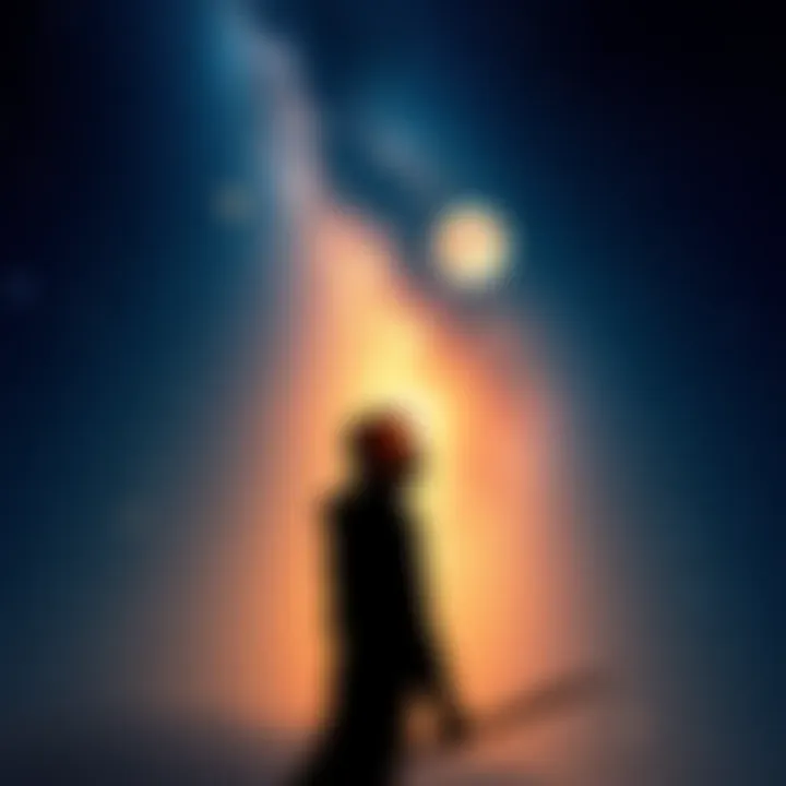 A person standing under a starry sky, reflecting deep emotions while looking thoughtful, symbolizing the connection between Sagittarius and Scorpio.
