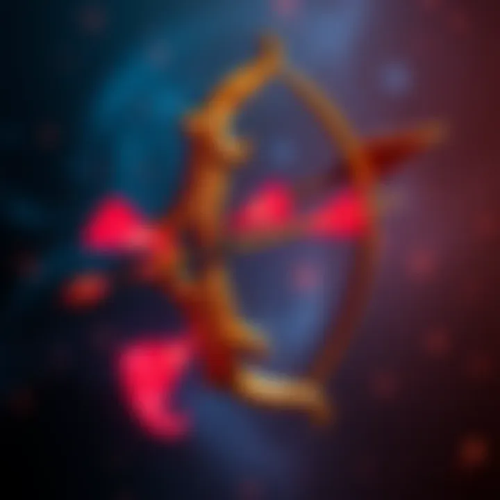 A representation of the Sagittarius zodiac sign featuring a bow and arrow, symbolizing the traits of November and December Sagittarians in love.