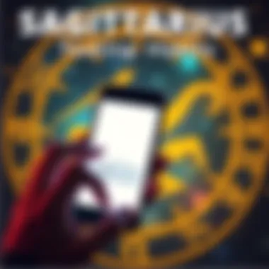 A person holding a smartphone, looking thoughtfully at the screen while considering a text message. The background features zodiac symbols, emphasizing the Sagittarius sign.