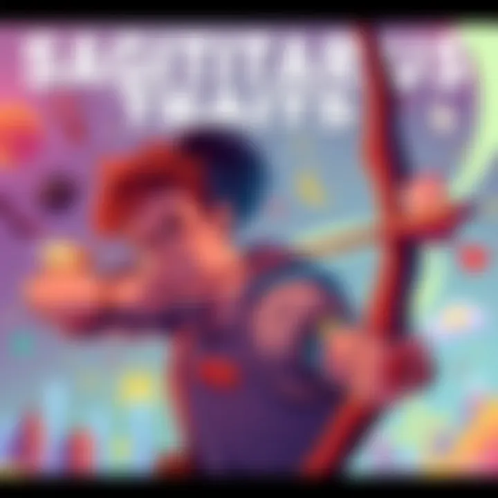A vibrant illustration showing a person with an adventurous look, holding a bow and arrow, surrounded by symbols of creativity and leadership, representing Sagittarius traits.