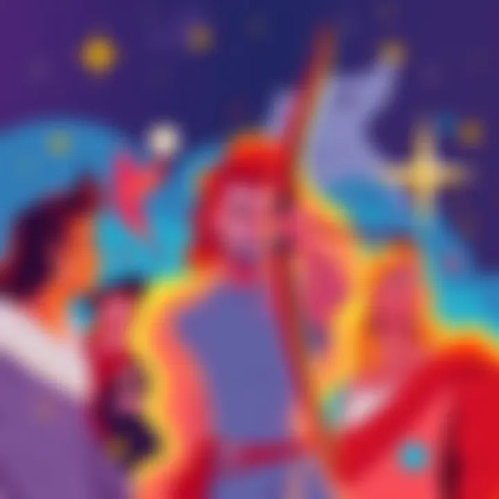 A colorful illustration showcasing diverse Sagittarius personalities with symbols of charm, optimism, and leadership qualities.