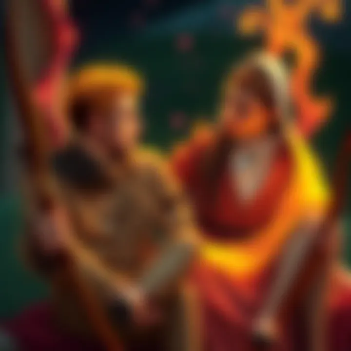 A Sagittarius and Virgo couple sitting together, with Sagittarius portrayed as a fiery figure and Virgo as an earthy figure, discussing their relationship.