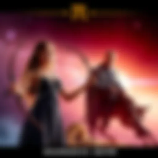 A Sagittarius woman stands confidently, expressing her individuality, while a Capricorn man listens thoughtfully, symbolizing their relationship dynamics.