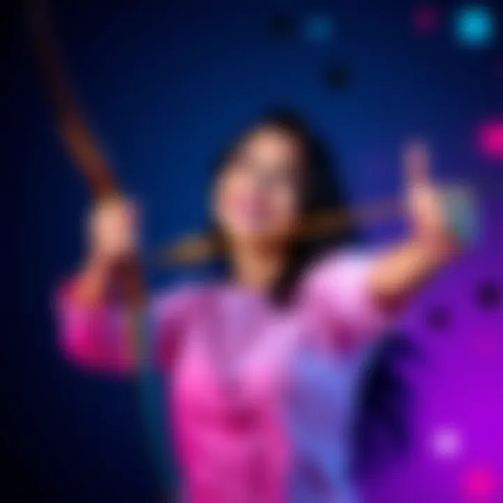 A Sagittarius woman joyfully celebrating her zodiac sign with a bright smile, surrounded by stars and vibrant colors.