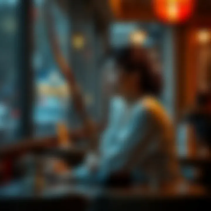 A Sagittarius woman sitting alone at a cafe, looking contemplative, symbolizing her year-long separation from her husband and kids.