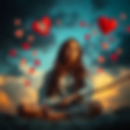 A Sagittarius woman sitting alone with a sad expression, surrounded by symbolic representations of love and heartache, like broken hearts and stormy clouds.