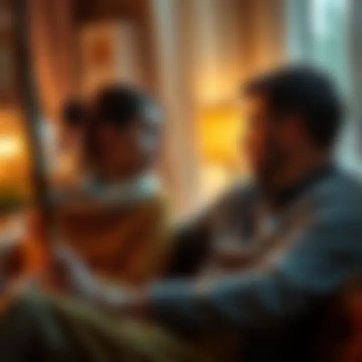 A Sagittarius woman and a Pisces man talking together, sharing emotional thoughts in a cozy setting, with a warm atmosphere around them.