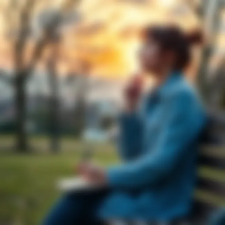 Sagittarius Woman Reflecting on Love A 26-year-old woman with a thoughtful expression, sitting on a park bench, looking at the sky while holding a notebook and pen, pondering her dating life and future relationships.