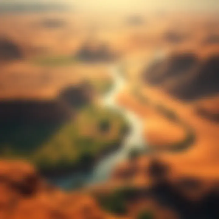 A lush, green area of the Sahara during its fertile period, showcasing rivers and vegetation, contrasting with the surrounding desert.